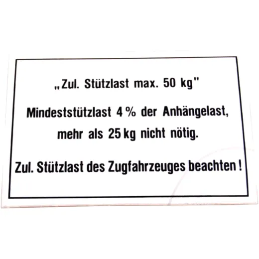 Stützlastschild für Anhänger 50KG 105 x 74 mm