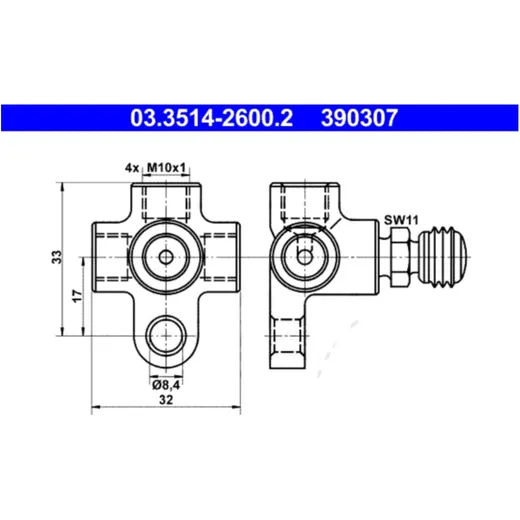 ATE Brake Line Distribution Piece 4x M10x1 with Valve