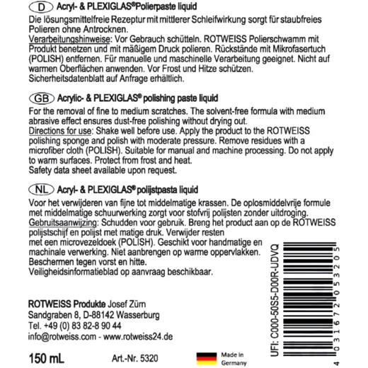 Acrylic & PLEXIGLAS® Polishing Paste for Delicate Surfaces 150m
