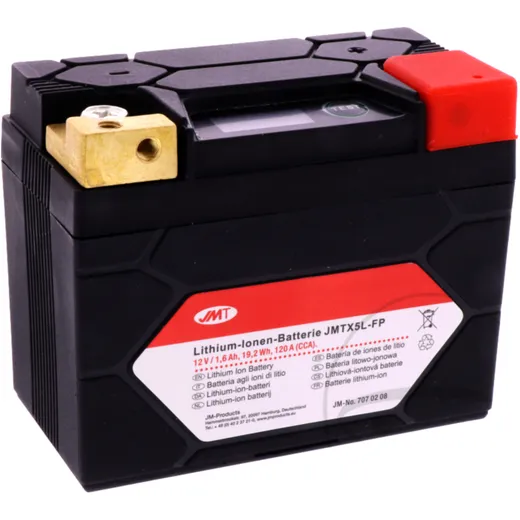 Batterie Motorrad JMTX5L - FP JMT Lithium - Ionen mit Anzeige passend für: Peugeot Speedfight, Ludix, Vivacity