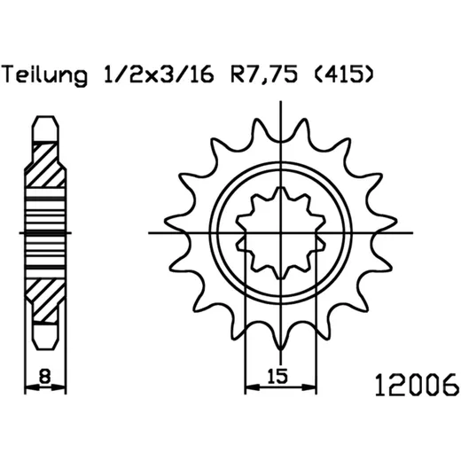 Ritzel 15Z Teilung 415 feinverzahnt Innendurchmesser 15/18 passend für: Aprilia RX, Red Rose, RS