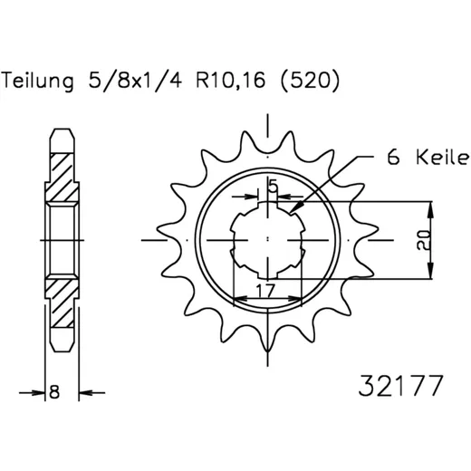 Front sprocket 09tooth pitch 520 large spline 5 inner diameter 17/20 for: Sherco Trial, X - Ride