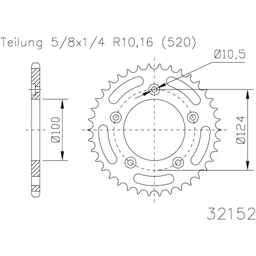 Kettenrad 45Z Teilung 520 schwarz Innendurchmesser 100 Lochkrei