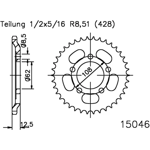 Rear sprocket 49 tooth 428 silver inner diameter 62 bolt spacing 108 for: MZ/MUZ RT