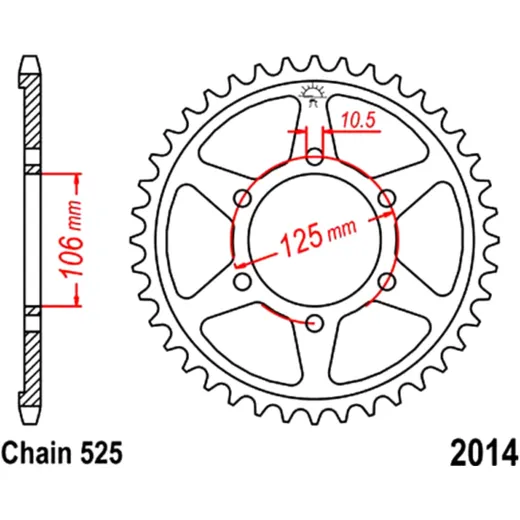 Rear sprocket 37 tooth pitch 525 inner diameter 106 bolt spacing 125 for: Triumph Tiger, Street Triple, Bonneville