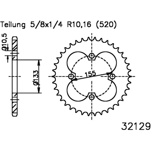 Rear sprocket 38 tooth pitch 520 inner diameter 133 bolt spacing 155 for: Polaris Outlaw
