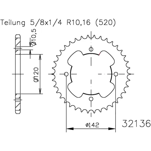 Kettenrad 38Z Teilung 520 schwarz Innendurchmesser 120 Lochkreis 142 passend für: CAN - AM DS