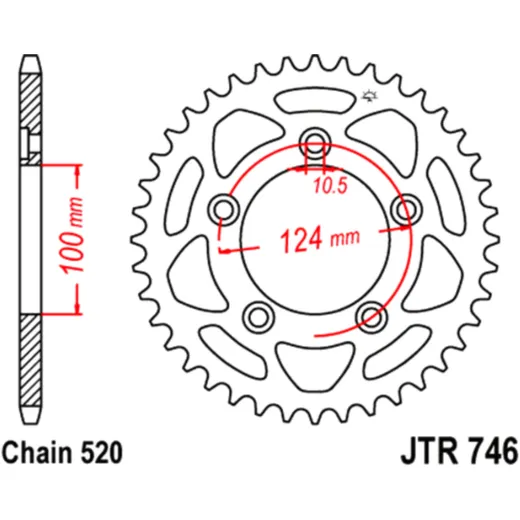 Kettenrad 44Z Teilung 520 Innendurchmesser 100 Lochkreis 124 pa