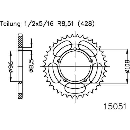 Kettenrad 52Z Teilung 428 Innendurchmesser 096 Lochkreis 108 passend für: MZ/MUZ SM, SX