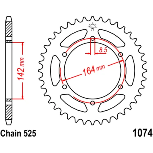 Rear sprocket 44 tooth pitch 525 inner diameter 142 bolt spacing 164 for: Hyosung GT