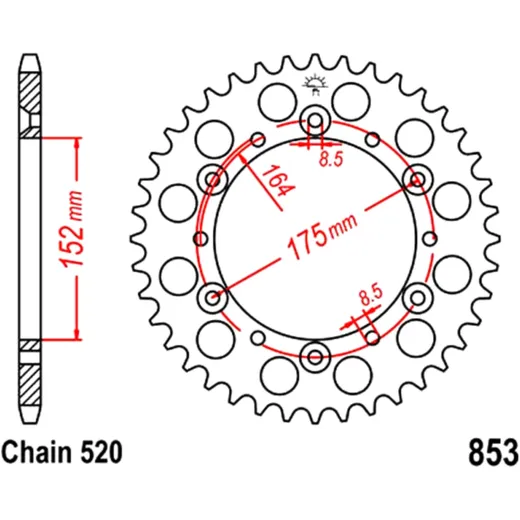 Kettenrad 38Z Teilung 520 Innendurchmesser 152 Lochkreis 175 passend für: Yamaha YFZ, YFM, YFS