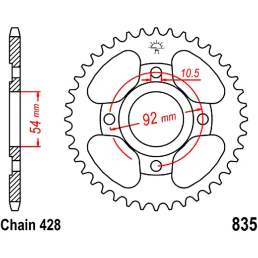 Rear sprocket 45 tooth pitch 428 inner diameter 54 bolt spacing 92 for: Yamaha RD