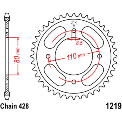 Rear sprocket 42 tooth pitch 428 inner diameter 80 bolt spacing 110 for: Honda CBF, CB