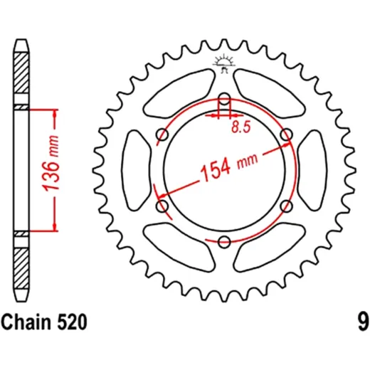 Rear sprocket 47 tooth pitch 520 inner diameter 136 bolt spacing 154 for: BMW G