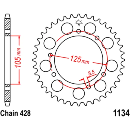 Rear sprocket 57 tooth pitch 428 black inner diameter 105 bolt spacing 125 for: Rieju Marathon, RS - 3, Tango
