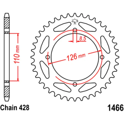 Rear sprocket 44tooth pitch 428 inner diameter 110 bolt spacing 126 for: Kawasaki KX, KLX