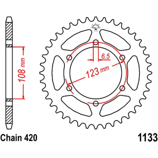 Rear sprocket 65 tooth pitch 420 inner diameter 108 bolt spacing 123 for: Derbi Senda, GPR