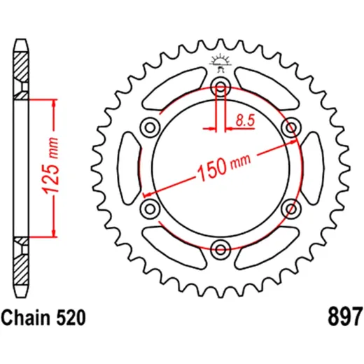 Rear sprocket 50 tooth pitch 520 inner diameter 125 bolt spacing 150 for: Husqvarna FE, FC, TE