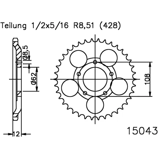 Kettenrad 51Z Teilung 428 Innendurchmesser 062 Lochkreis 108 passend für: Sachs XTC, XTC - N