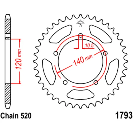 Rear sprocket 43 tooth pitch 520 inner diameter 120 bolt spacing 140 for: Triumph Bonneville, Scrambler, Thruxton