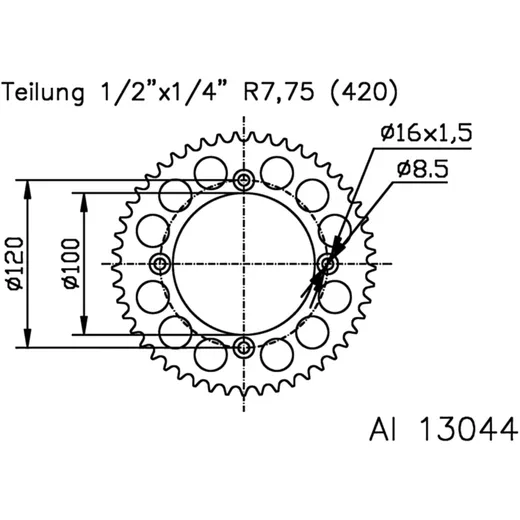 Alu - Kettenrad 51Z Teilung 420 silber Esjot Innendurchmesser 1