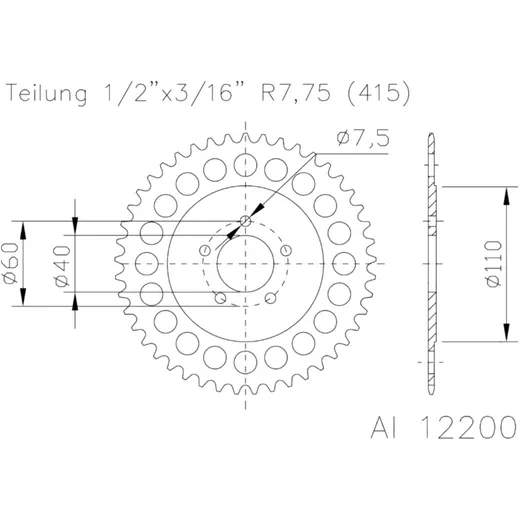 Alu - Kettenrad 38Z Teilung 415 silber Esjot Innendurchmesser 040 Lochkreis 060 passend für: Husqvarna SM, CR