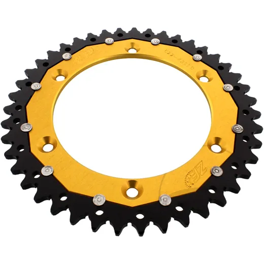 Rear sprocket dual 43 tooth pitch 520 gold ZF inner diameter 136 bolt spacing 156 for: Husqvarna TE, WR, SM, CR