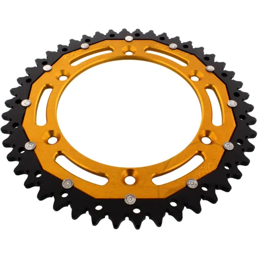 Rear sprocket dual 46 tooth pitch 520 gold ZF inner diameter 136 bolt spacing 156 for: Husqvarna TE, WR, SM, CR