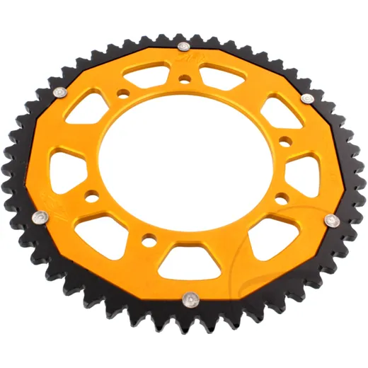Rear sprocket dual 53 tooth pitch 420 gold ZF inner diameter 105 bolt spacing 125 for: Derbi Senda