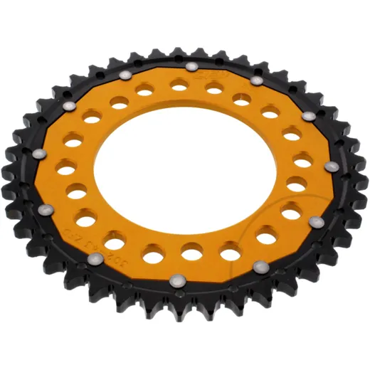 Rear sprocket dual 43 tooth pitch 530 gold ZF inner diameter 112 bolt spacing 138 for: Honda CB, CBR, CBF