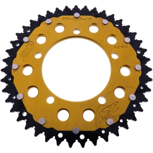 Rear sprocket dual 43 tooth pitch 520 gold ZF inner diameter 100 bolt spacing 120 for: Aprilia RS, RSV, Tuono