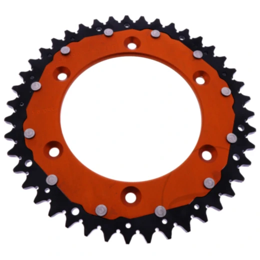 Rear sprocket dual 43 tooth pitch 520 orange ZF inner diameter 125 bolt spacing 150 for: Husqvarna FE, FC, TE