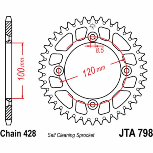 JT SPROCKETS Aluminium Ultra-Light Self-Cleaning Rear Sprocket 798 - 428 for Suzuki RM80, RM85 Yamaha YZ80, YZ85