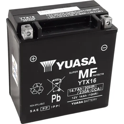 YUASA W/C Battery Maintenance Free Factory Activated - YTX16 FA for Suzuki, Kawasaki, BMW