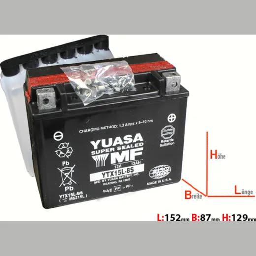 YTX15L-BS 12V/13AH DIN51391 for: AGM-battery 175x87x130mm