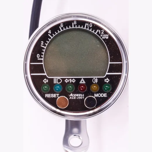 ACE-2901AP Motorcycle and Quad / ATV tachometer with temperature display and 6 indicator light polished aluminum