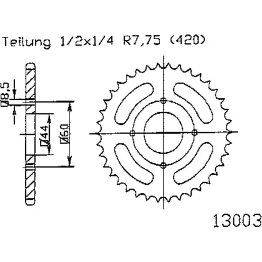 Steel rear sprocket 38Z 420 K50-13003-38