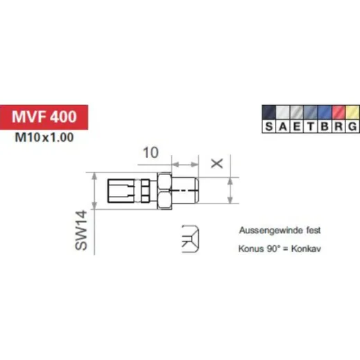 Variofitting M10 x 1,00, male thread fixed, cone 90° = concave, stainless steel