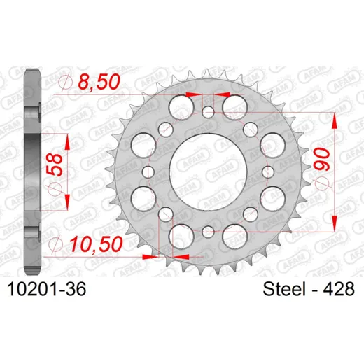 Steel Chain Wheel - Rear Sprocket AFAM 428 - 36t SILVER 1020136