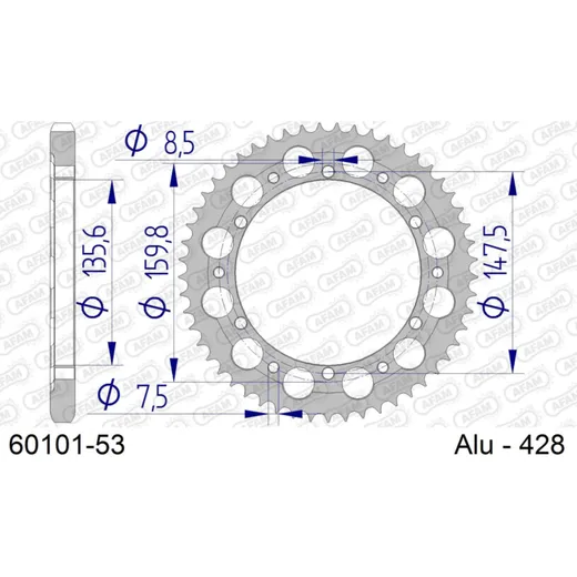 Alu Chain Wheel - Rear Sprocket AFAM 428 - 53t SILVER60101-53 | ID 135,6 LK 147,5 6-Loch