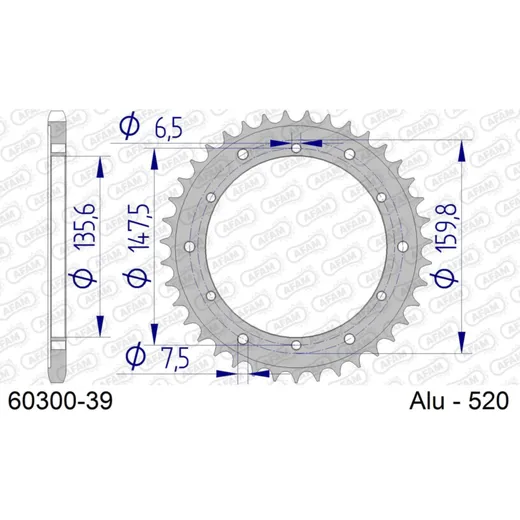 Alu Chain Wheel - Rear Sprocket AFAM 520 - 39t SILVER 6030039