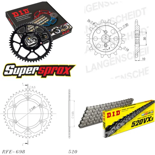Kettensatz Stahl für: CAGIVA W8 125 92-93 13-44-108 DID520VX3 Clip