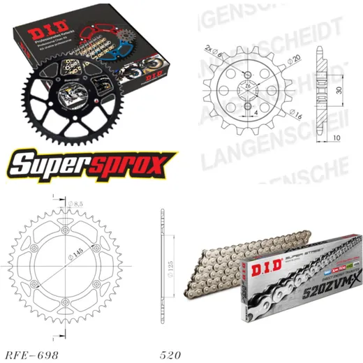 Kettensatz Stahl für: CAGIVA W8 125 92-93 13-44-108 DID520ZVM-X(S&S) Endlos