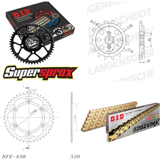 Kettensatz Stahl für: CAGIVA W8 125 92-93 13-44-108 DID520ZVM-X(G&G) Niet