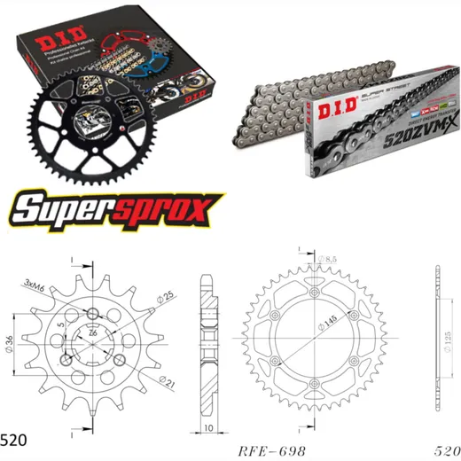 Kettensatz Stahl für: CAGIVA W16 600 93-94 16-44-116 DID520ZVM-X Endlos