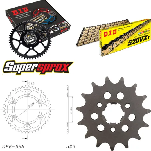 Kettensatz Stahl für: CAGIVA W16 600 95-99 15-44-116 DID520VX3(G&B) Clip