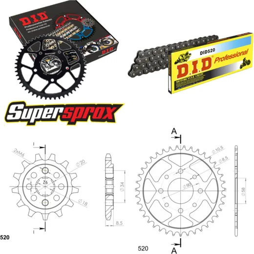 Chain Kit - Steel - for: HONDA CA125 Rebel 80 km/h Boe 96-00 11-39-112 DID520 Clip