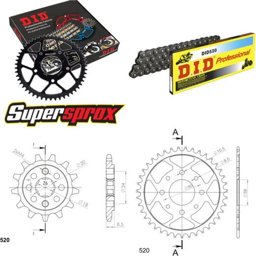 Kettensatz Stahl für: HONDA CA125 Rebel 95-00 13-39-112 DID520 Clip