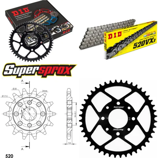 Kettensatz Stahl für: HONDA XL125 V Varadero 01-13 14-44-110 DID520VX3 Niet