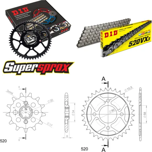 Chain Kit - Steel - for: HONDA CA250 Rebel 90-99 14-33-108 DID520VX3 rivet